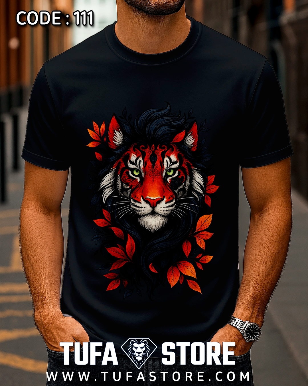 Majestic Tiger Head with Red Leaves T-Shirt