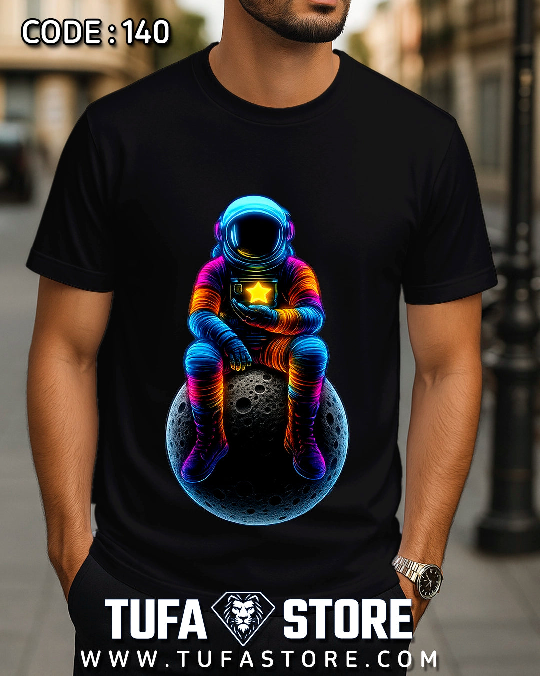 Neon Astronaut Sitting on the Moon T-Shirt