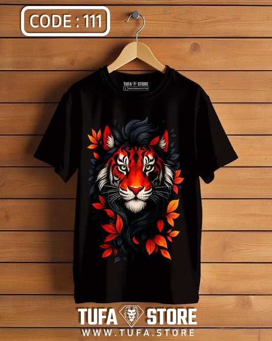 Majestic Tiger Head with Red Leaves T-Shirt