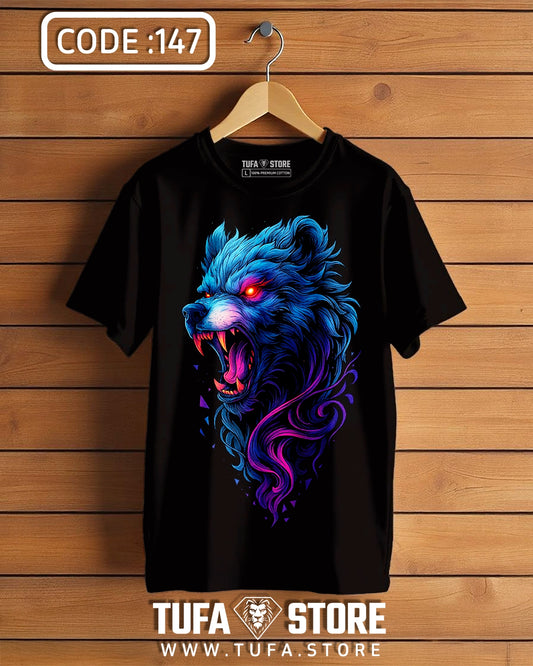 Neon Blue Wolf Head T-Shirt