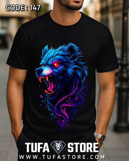 Neon Blue Wolf Head T-Shirt