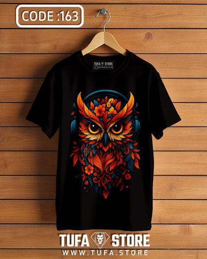 Owl Headphones Floral Art T-Shirt