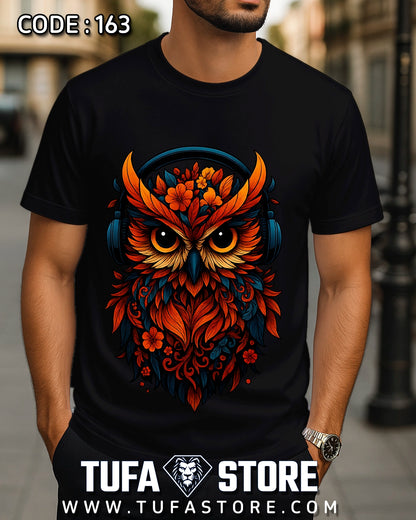 Owl Headphones Floral Art T-Shirt